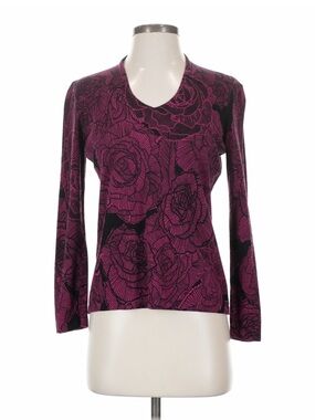 Dana Buchman Magenta Rose-Print V-Neck Long Sleeve Top